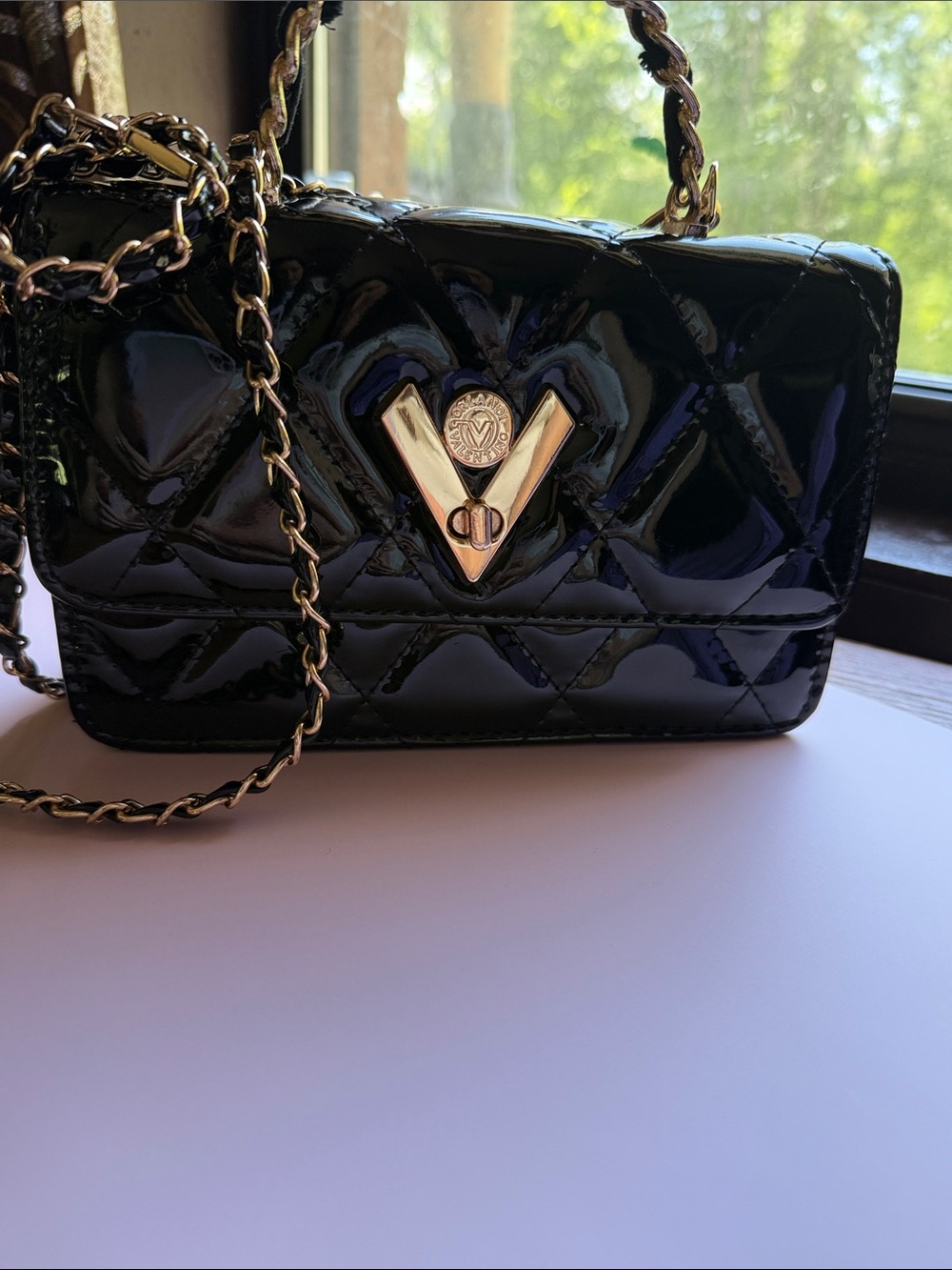Valentino Orlandi Black Patent Quilted Crossbody with Gold V Emblem